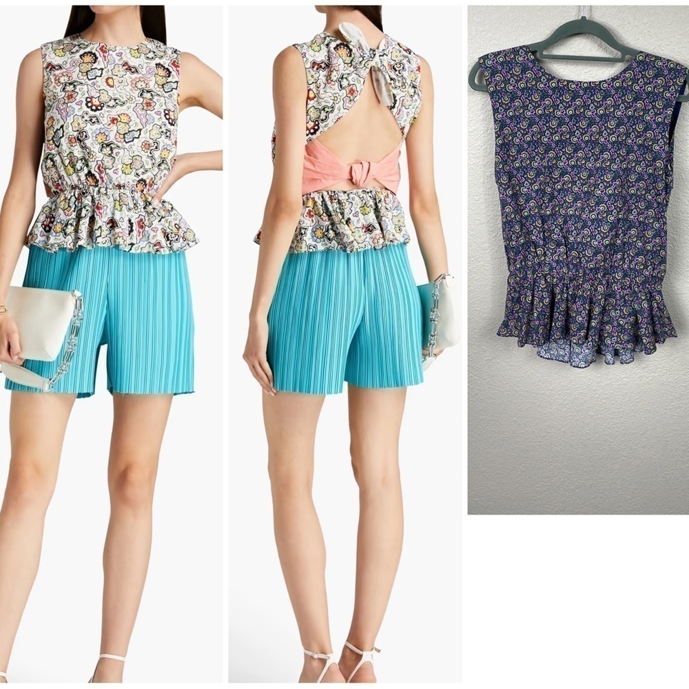 NWT Rhode Linaya Top Navy Mosaic Floral Open Back Peplum Sz L